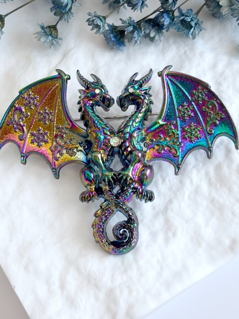 Iridescent Twin Dragon Figural Rhinestone Accented Vintage Inspired Brooch Pin